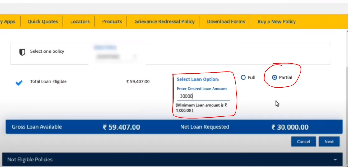Select partial loan option
